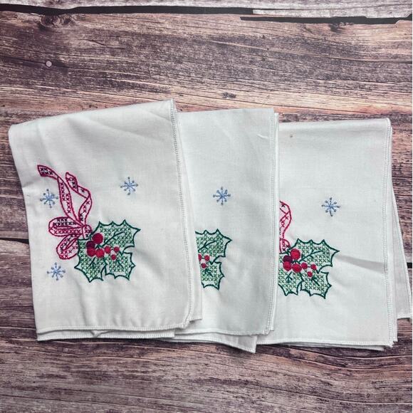 Handmade Other - Set of Three Hand stitched Napkin Handkerchief Holly And Bow